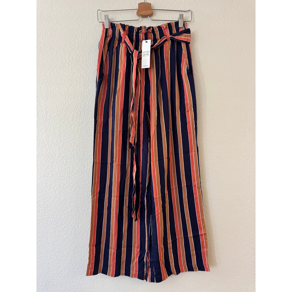 BB Dakota Striped Wide Leg Paperbag Waist Pants Size M Navy Orange New With Tags